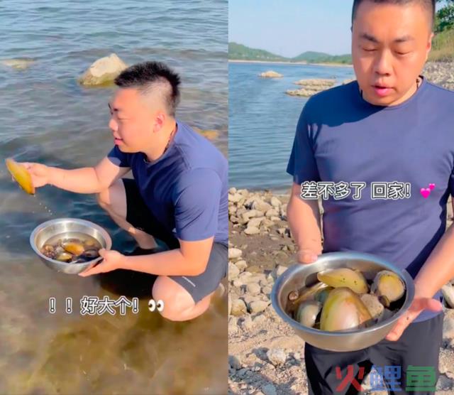 网红晚晚佳耦下河捞蚌!简单处置烹煮摆盘,晚晚大口塞肉脸色享用