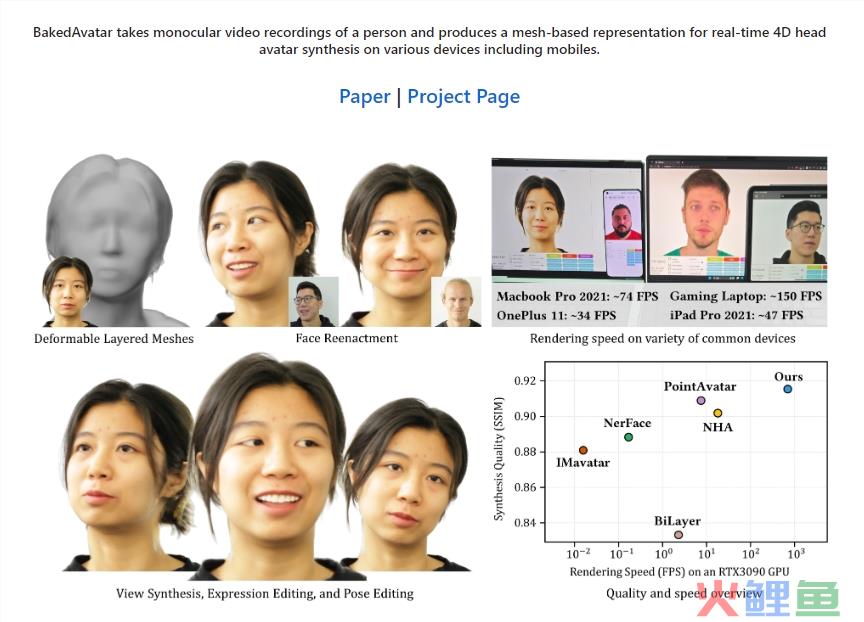 实时渲染3D技术BakedAvatar 可通过简短视频复制出人物3D头部