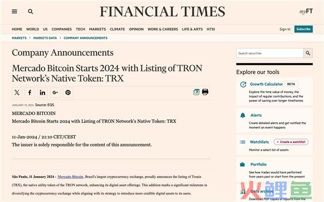 国际媒体关注：TRON拥抱巴西合规加密交易巨头，TRX上线全球130余家交易所里程碑再添一笔